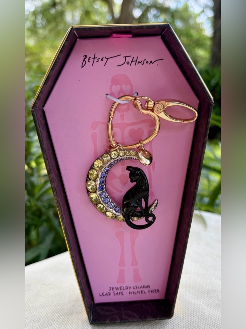 NIB BETSY JOHNSON Black Cat and Crescent Moon Keychain
